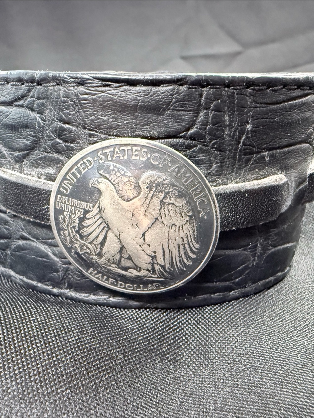 King Baby Studio Black Leather Bracelet with Silver Eagle Coin Medallion